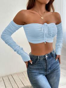SHEIN PETITE Off Shoulder Drawstring Ruched Crop Off Shoulder Top - Baby Blue - View 4