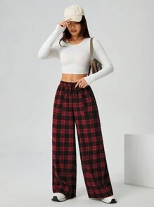 SHEIN PETITE 女式秋冬编织格子口袋阔腿裤 - 酒紅色 - 查看 4