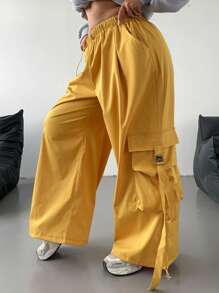 POPSWAY 大码女式黄色宽松工装裤，带大口袋 - 黃色 - 查看 5