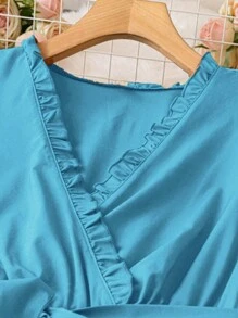 SHEIN LUNE Women's Casual Pleated Midi Dress With Ruffle Sleeve, Bowknot Waist, Vacation Style