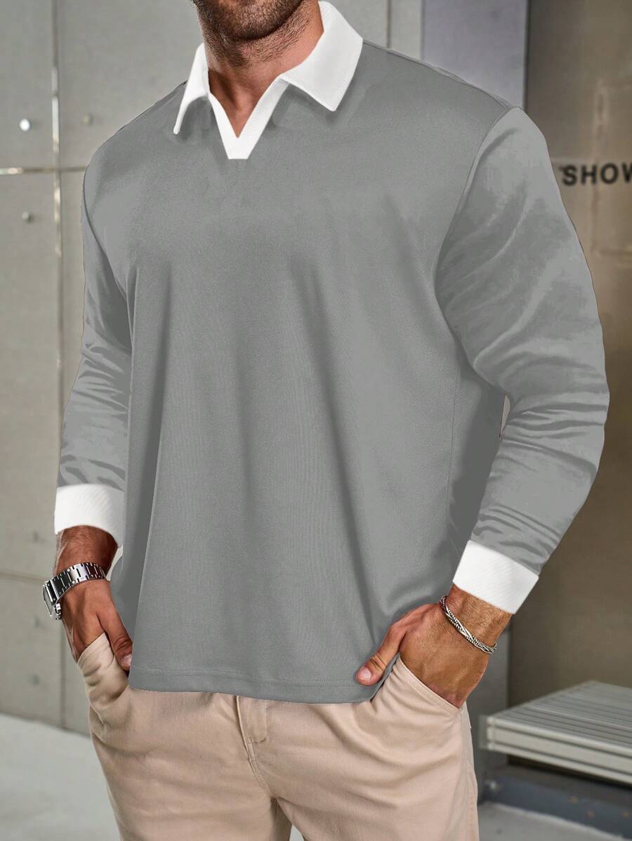 Manfinity Homme Áo thun polo màu tương phản thường ngày cỡ lớn cho nam vào mùa thu - Màu Xám nhạt - Xem 1