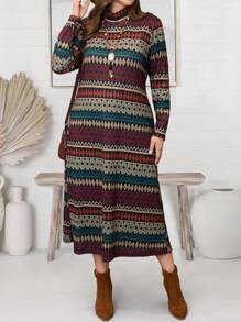 EMERY ROSE Plus Size Mock Neck Long Sleeve Striped Casual Dress,Winter Clothes For Women