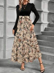 SHEIN Clasi Vestido de mujer de línea A con parche de hojas y lazo en el otoño - Multicolor - Ver 3