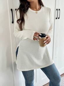 SHEIN Frenchy Plus Size Casual Split Hem Slim Fit Textured Round Neck T-Shirt - Apricot - View 4
