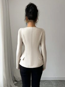 Elenzga Women's Elegant Solid Color French Style Square Collar Double-Breasted Long Sleeve Shirt For Commuting, Spring/Autumn - Apricot - View 2