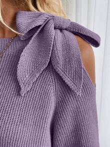 SHEIN LUNE 女士纯色系带长袖简约毛衣，适合日常穿着的休闲装 - 紫色 - 查看 5