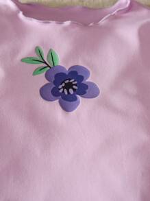 SHEIN LMoss Kids LMoss Young Girls & Young Girl Casual Matching Purple Floral Print Round Neck Long Sleeve Pullover T-Shirt & Solid Color Leggings, Suitable For Walking/Sports/Back To School & Everyday Casual Wear, Casual Outfit, Great For Casual & Daily Wear & School Daily In Spring And Autumn,Mom And Daughter Matching,Sister And Me Matching