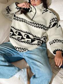 Calvaya Plus Size Long Sleeve Turtleneck Zip-Up Printed Warm Thick Hoodie With Pockets, For Winter