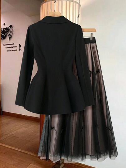 SHEIN Unity Elegant Long Sleeve Jacket With Bow Decor & Mesh Mini Skirt Suit Set