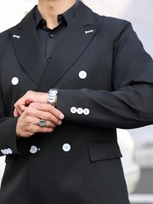 Manfinity Mode Bộ quần áo thường ngày dài tay có nút cài phía trước màu trơn cho nam - màu đen - Xem 2