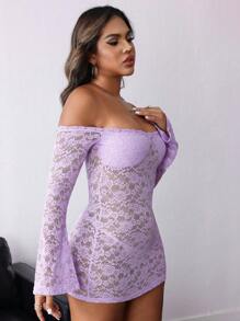 INAWLY Women Simple Daily Off-Shoulder Solid Lace Trim Dress Fall Cloth For Women - Purple - View 8