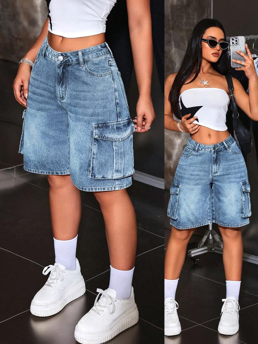 SHEIN ICON Shorts Denim Casual Lavada de Perna Larga Estilo Cargo - Lavagem clara - Visão 1