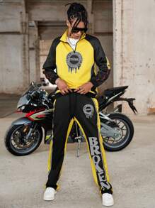 Manfinity Roghcode Manfinity Streetrush 男士字母印花撞色插肩袖卫衣和运动裤套装，休闲秋季装扮 - 黃色 - 查看 4