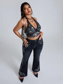 SHEIN ICON Plus Size Rhinestone Floral Print Stretch Denim Flare Pants