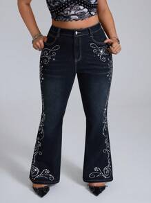 SHEIN ICON Plus Size Rhinestone Floral Print Stretch Denim Flare Pants
