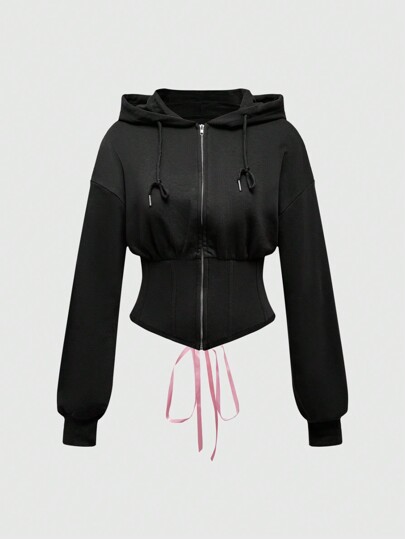 Y2K Style Adjustable Drawstring Hoodie Sweatshirt, Waist-Slimming