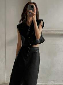 DAZY Women Solid Front Button Sleeveless Pocket Basic Top And PU Skirt 2 Pieces Set, Autumn & Winter - Black - View 6