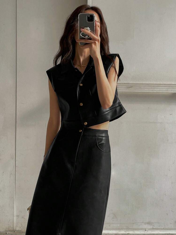 Women Solid Front Button Sleeveless Pocket Basic Top And PU Skirt 2 Pieces Set, Autumn & Winter Lounge Sets For Women