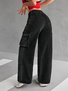 SHEIN EZwear Jeans casuales de cintura alta con bolsillos plegables y pierna ancha para mujeres