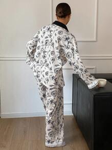 DAZY Women Floral Line Sketch Print Contrasting Collar Long Sleeve Button Front Top And Pants Pajama Set - Khaki - View 2