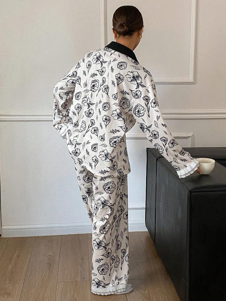 Women Floral Line Sketch Print Contrasting Collar Long Sleeve Button Front Top And Pants Pajama Set