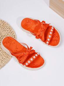 Cute & Fashionable Breathable Bow Pearl Decor Kids Thick Sole Sandals For Girls