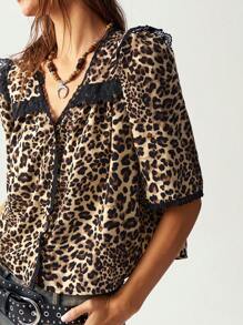 Bohemela Casual Chiffon Leopard Print V-Neck Puff Sleeve Blouse For Women