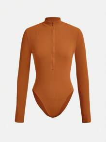 SHEIN BASICS Bộ đồ liền thân dài tay thường ngày có khóa kéo nửa thân màu trơn dành cho nữ - màu nâu - Xem 7