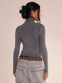 MUSERA Ribbed High Neck Zip Up Cardigan Spring Casual Y2k 90's Stripe Cute Airport Holiday Summer Vacation Fall Back To School Autumn Winter Everyday  Work Office  Chic Sweater Summer Spring - Dark Grey - View 3