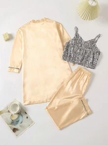 Tween Girls Autumn/Winter Woven Leopard Print French Retro Champagne Gold Satin Camisole 3-Piece Pajama Set With Camisole And Pants - Champagne - View 2