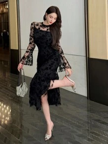 DAZY 女士蕾丝裹身中长连衣裙，春秋季优雅，荷叶边长袖连衣裙 - 黑色 - 查看 3