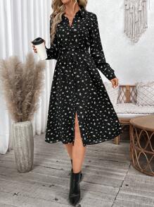 SHEIN LUNE Women's Casual Ditsy Floral Long Sleeve Drawstring Waist Midi Dress, Basic Autumn/Winter Outfit Winter Dresses For Women Going Out Tops Women Black Dress Vacation Dress Going Out Dress