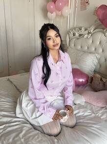 Flirla Plus Size Casual Striped Bow Print Shirt, Autumn - Multicolor - View 7