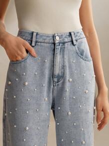 Anewsta Modieuze en elegante commuter parel versierde denim rechte broek, damesoutfit voor nieuwjaar en Kerstmis