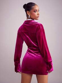 Hauture 天鹅绒裹腰迷你连衣裙优雅性感 V 领 - 玫紅色 - 查看 4