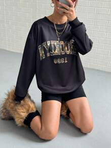 StreetHx Sweatshirt Pullover Minimalis Kasual Wanita dengan Motif Huruf untuk Musim Gugur - Hitam - View 4