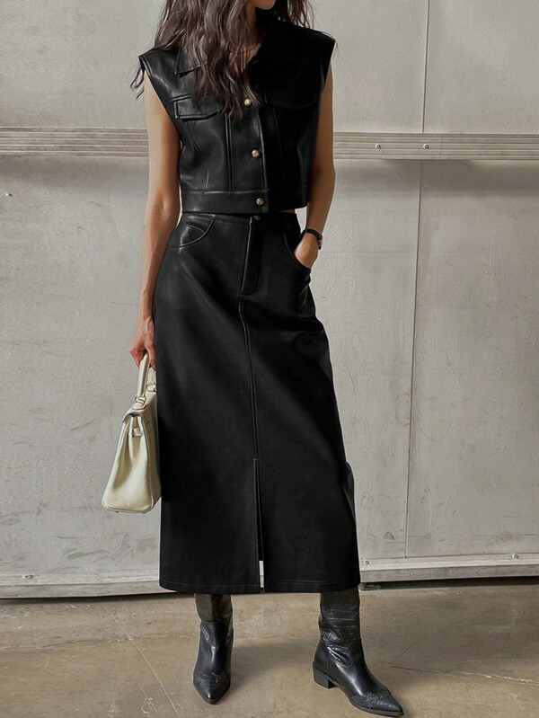 DAZY Conjunto de 2 piezas con blusa sin mangas con bolsillo y cierre delantero y falda de PU, para otoño e invierno