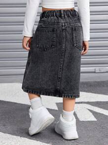 SHEIN Falda vaquera negra básica estilo Y2K para niñas jóvenes, conjunto cool/atuendo de Acción de Gracias para niñas, ropa de otoño e invierno para niñas