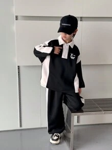 2pcs/Set Tween Boys Casual Korean Style Print Patchwork Colorblock Hooded Top And Loose Sweatpants Set, Suitable For School, Garden, Beach, Birthday, Spring/Summer/Autumn/Winter Seasons