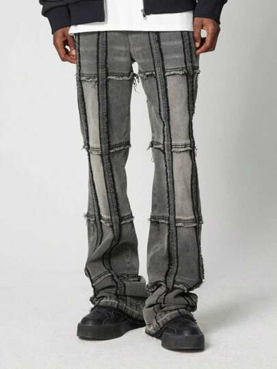 Street Life Men's Washed Patchwork Layered Skinny Fit Flared Jeans, Streetwear Style