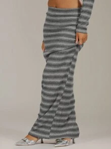 MUSERA Striped Rib Knit Maxi Skirt Spring Casual Y2k 90's Fall Autumn Winter Thanksgiving - Grey - View 3