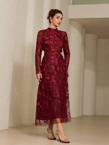 Aveloria Rosie Váy thêu hoa 3D lãng mạn thanh lịch có cổ đứng và eo thắt, trang phục dự tiệc sang trọng cho mùa xuân, ngày lễ tình nhân - Màu đỏ tím - Xem 5