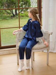 SHEIN Tween Girls Silky Satin Royal Blue Splice Floral Cuff Modest Palazzo Pajamas Set, Casual Sleepwear