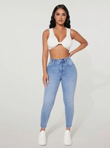 SHEIN PETITE Slim Fit Casual Denim Jeans, Fashionable For Everyday Wear - Blue - View 4