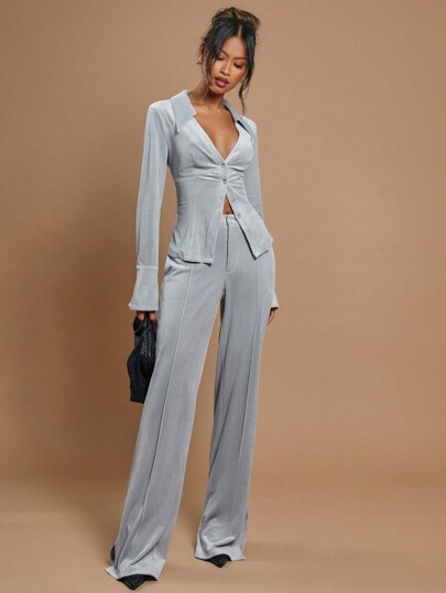 COSMINA 2pcs Women Plain Front Button Up Blouse And Long Pants Set