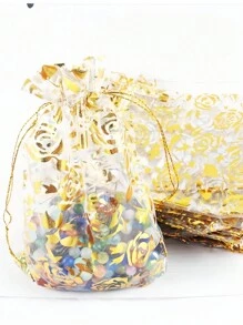 SHEIN 10/20 PCS Gold Foil Floral Drawstring Gift Bags 9x12cm - Christmas Candy Jewelry Pouches For Wedding, Birthday, Party Favors, Xmas Gift Wrapping With Metallic Print & String Closure - White - View 6