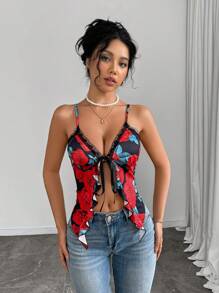 Chiquease Camiseta de mujer elegante con volantes, parches y lazo delantero con diseño de rosa - Multicolor - Ver 5