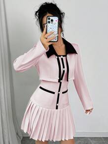 Elenzga Women's High-End Design Sense Color Block Collared Long Sleeve Jacket & Pleated Hem Dress Set, Spring Autumn Fall Cloth For Women