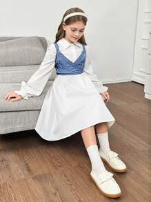 SHEIN 青少年女孩梭织翻领开襟荷叶边袖长袖修身衬衫裙和梭织串珠吊带背心两件套，适合春季外出、返校