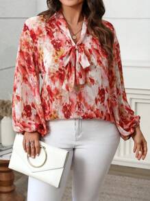 Franclia Plus Size Women Elegant Chiffon Printed Tie Front Blouse,Valentine